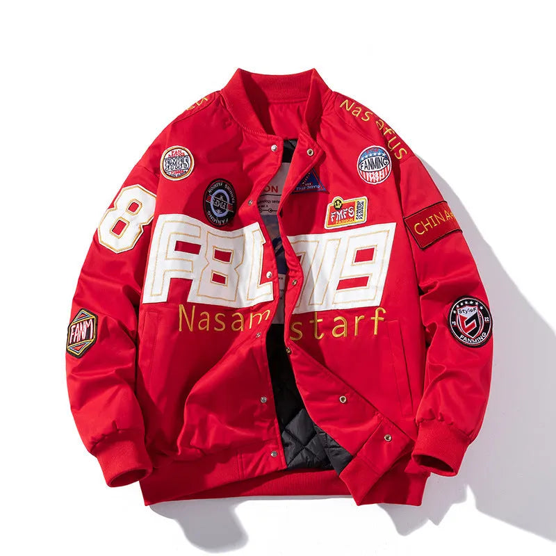 American motorcycle baseball uniform jacket in black, red, or blue with removable hood and cotton-padded lining