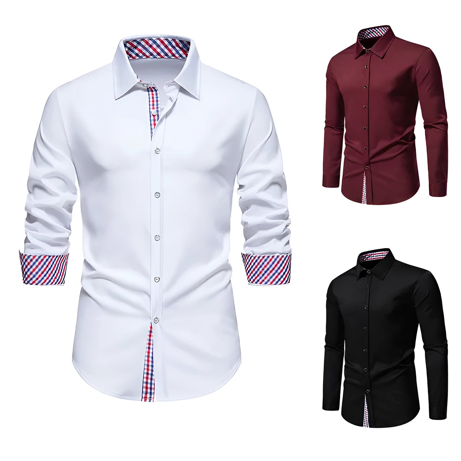 Men's loose fit plaid long-sleeved shirt in chemical fibre blend fabric available in white, black and wine red colours