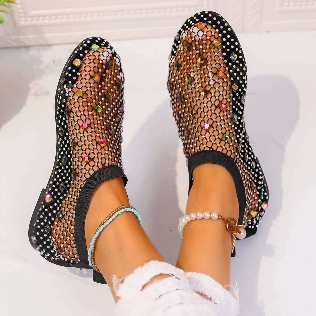 Women's colourful rhinestone flat sandals with mesh upper and rubber sole