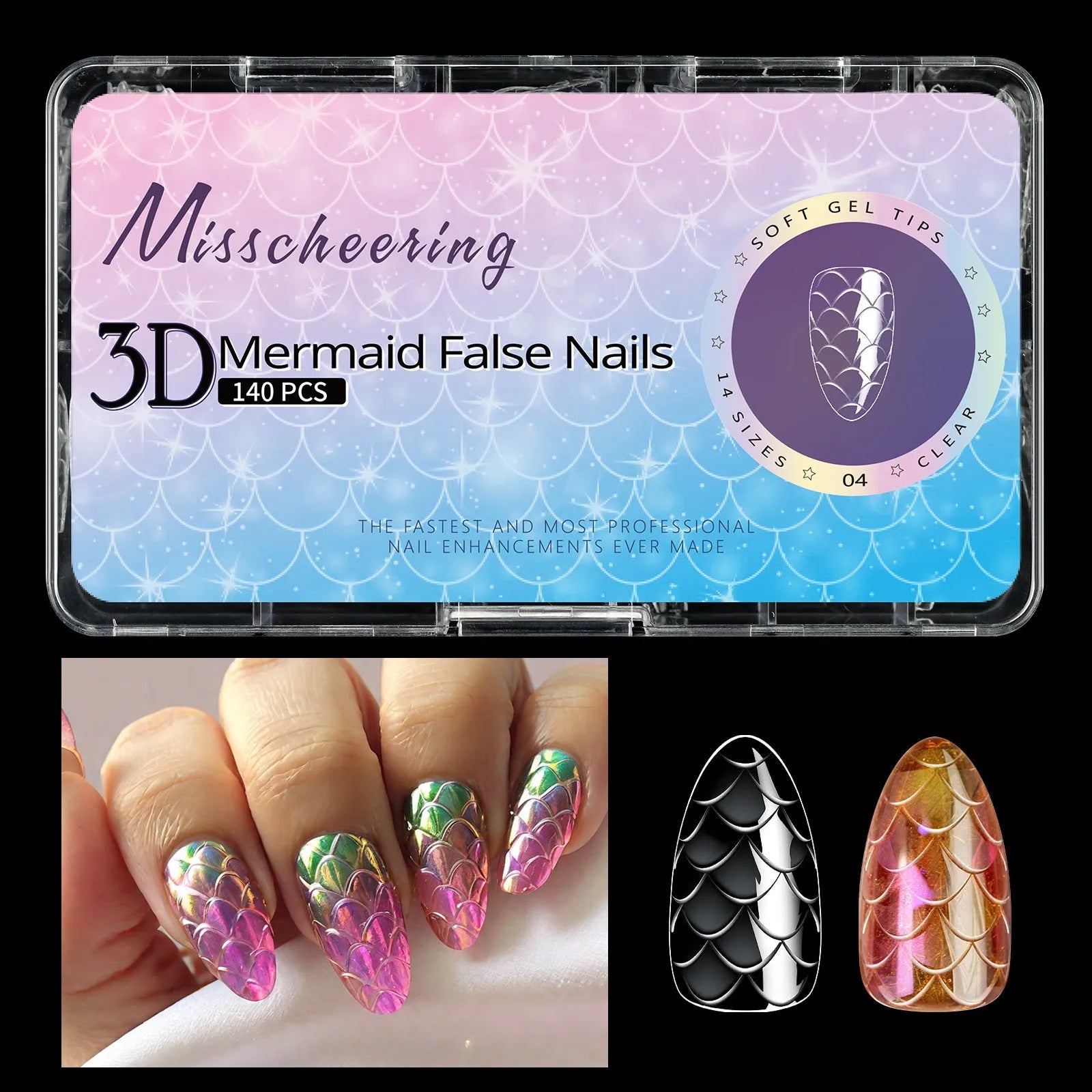 Pack of 3D Scale Long Shaping Nail Tips showing textured surface, labelled with Frigate Box variant code.
