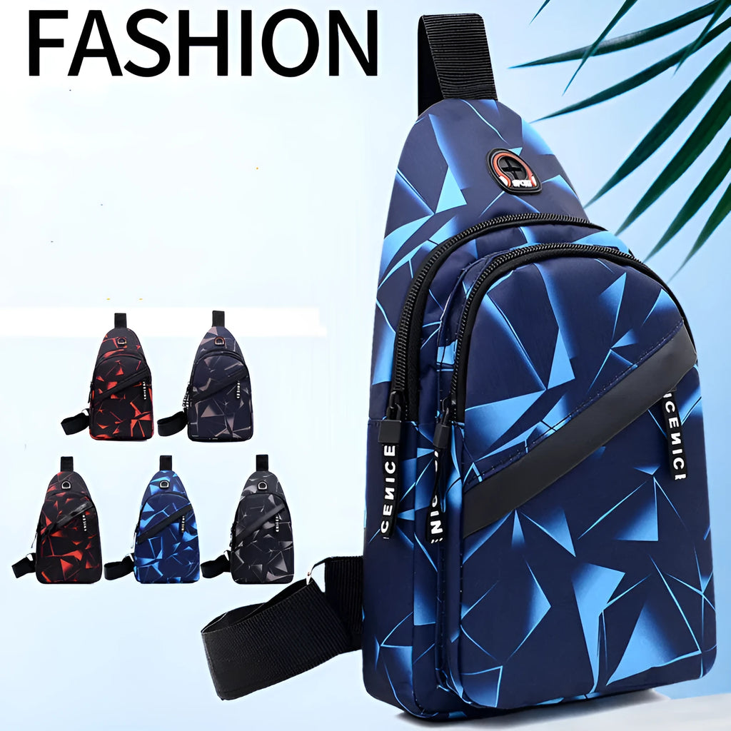 Print sling chest bag with earphone hole design in Oxford cloth, showing zipper opening and square vertical shape
