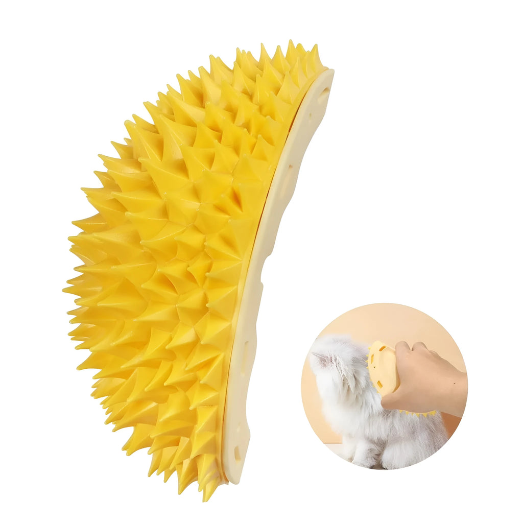 Yellow durian-shaped cat corner scratcher with massage comb and catnip for indoor cats