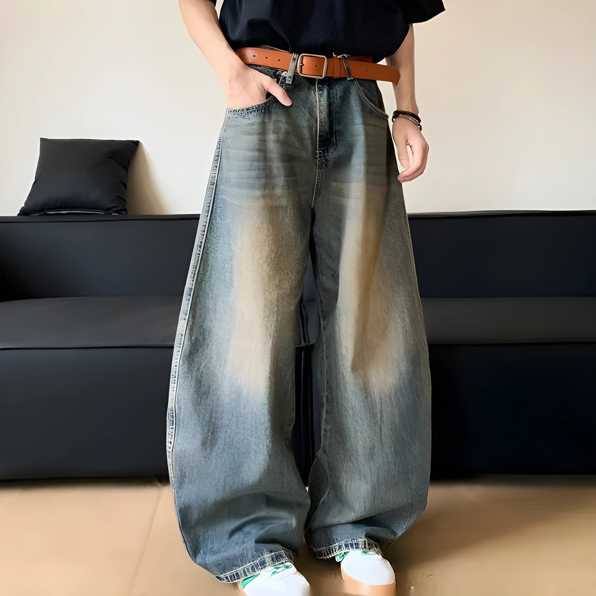 Men's retro blue distressed denim jeans with machete detailing and wide-leg fit