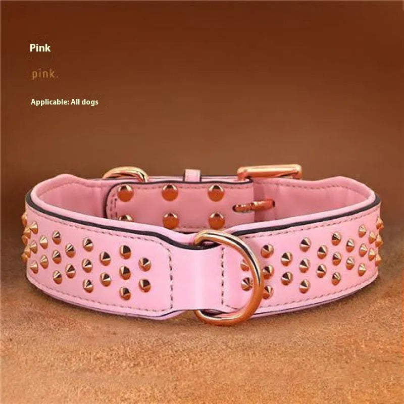 Leather dog collar with stainless steel rivets in black, chocolate, and pink colour options.