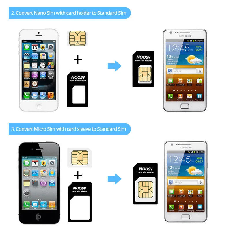 SIM restore four-in-one set with black Nano to Standard adapter and picking pin on white background
