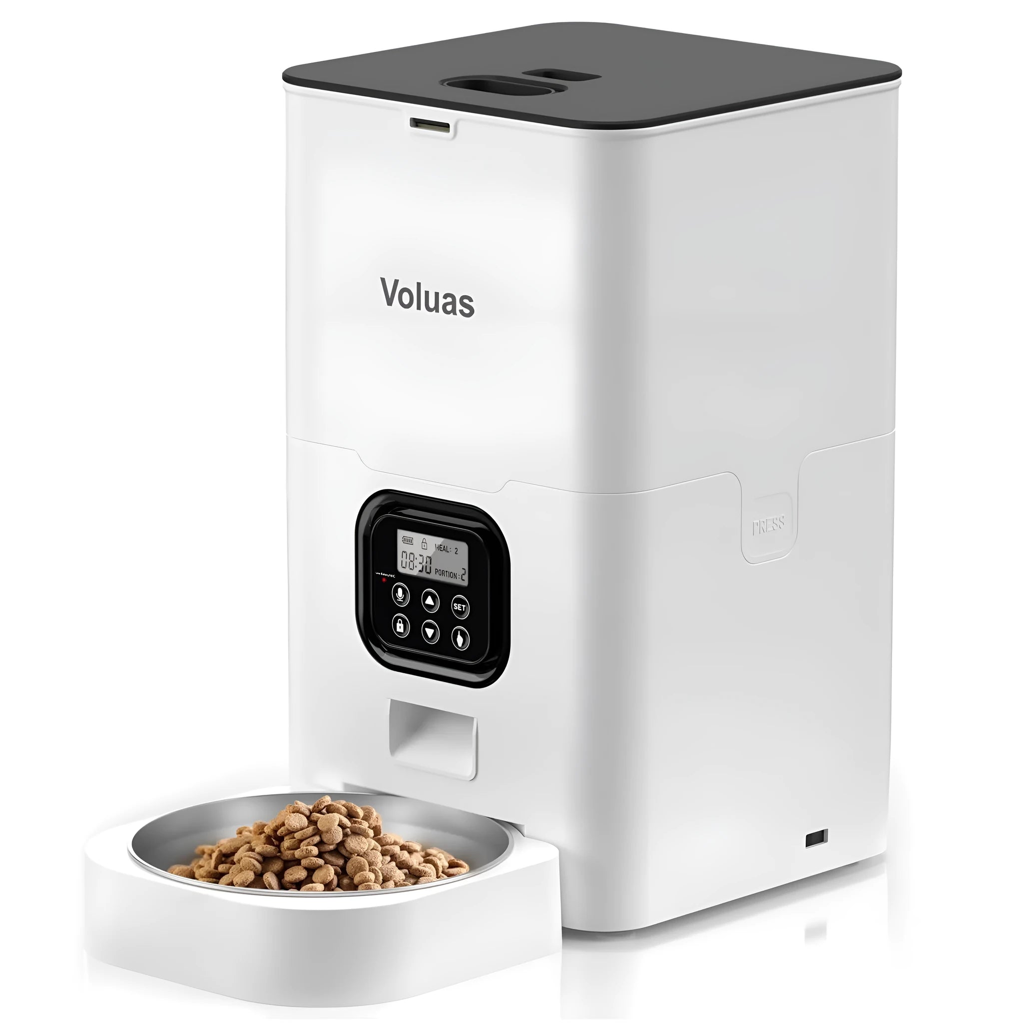 Household pet automatic double meal feeder in plastic with stainless steel tray and desiccant box, 4L black transparent