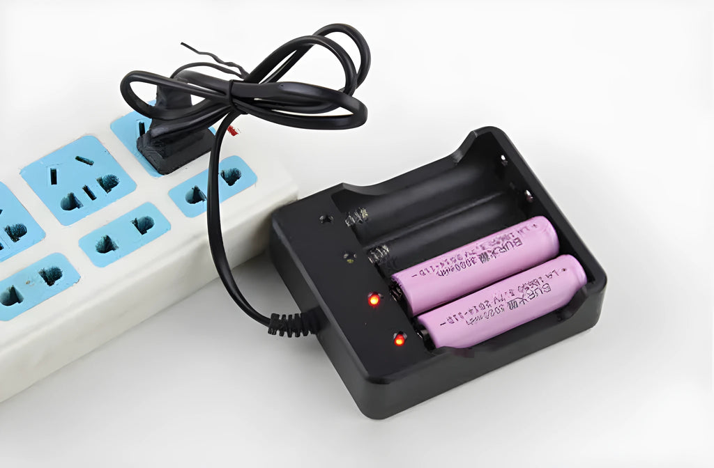 Four-slot 18650 smart battery charger with cable in black finish