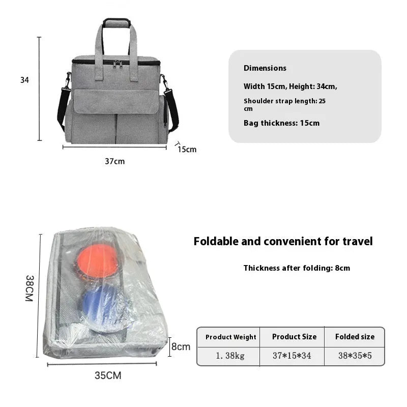 Grey dog travel backpack made of Oxford cloth with removable divider and training bag