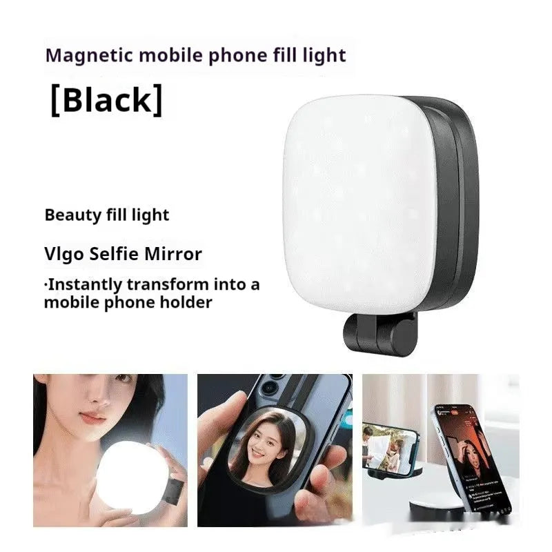 Black and white mobile phone magnetic selfie fill light with three-colour temperature mini portable makeup mirror