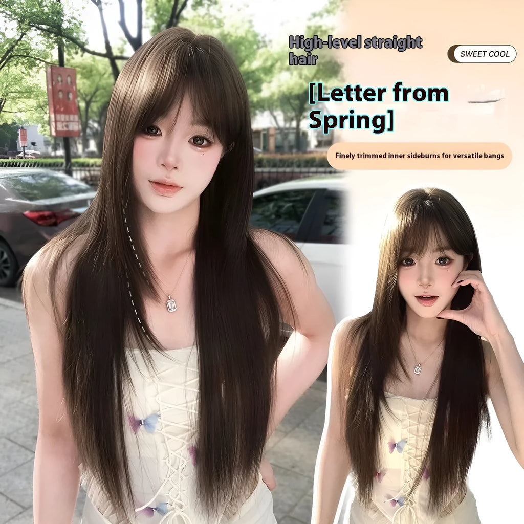 Brown-black high-temperature fibre ladies wig with wear-free hair net on a head cover
