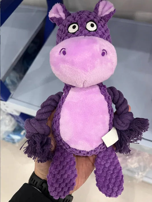 Hippo-shaped plush dog toy with cotton rope sections for tug-of-war games