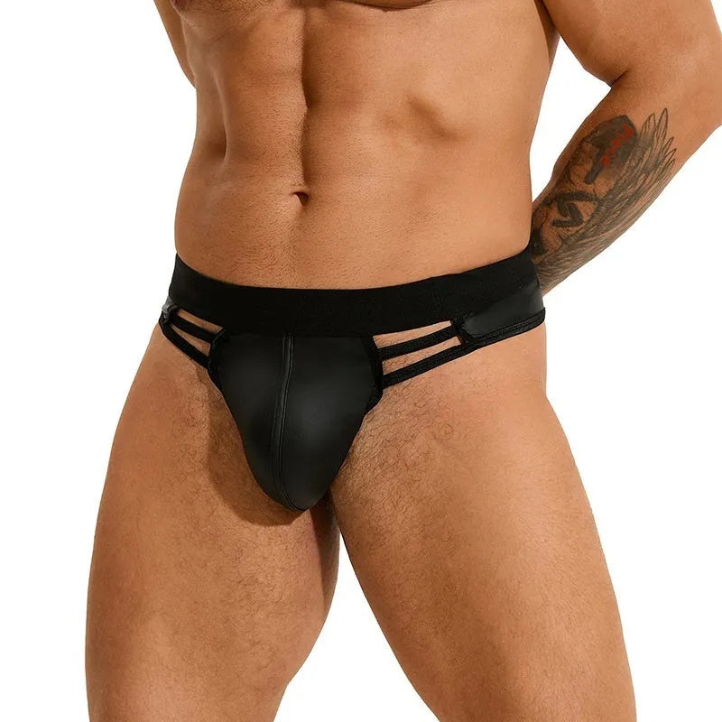 Black PU leather men's plus size sexy briefs on a model