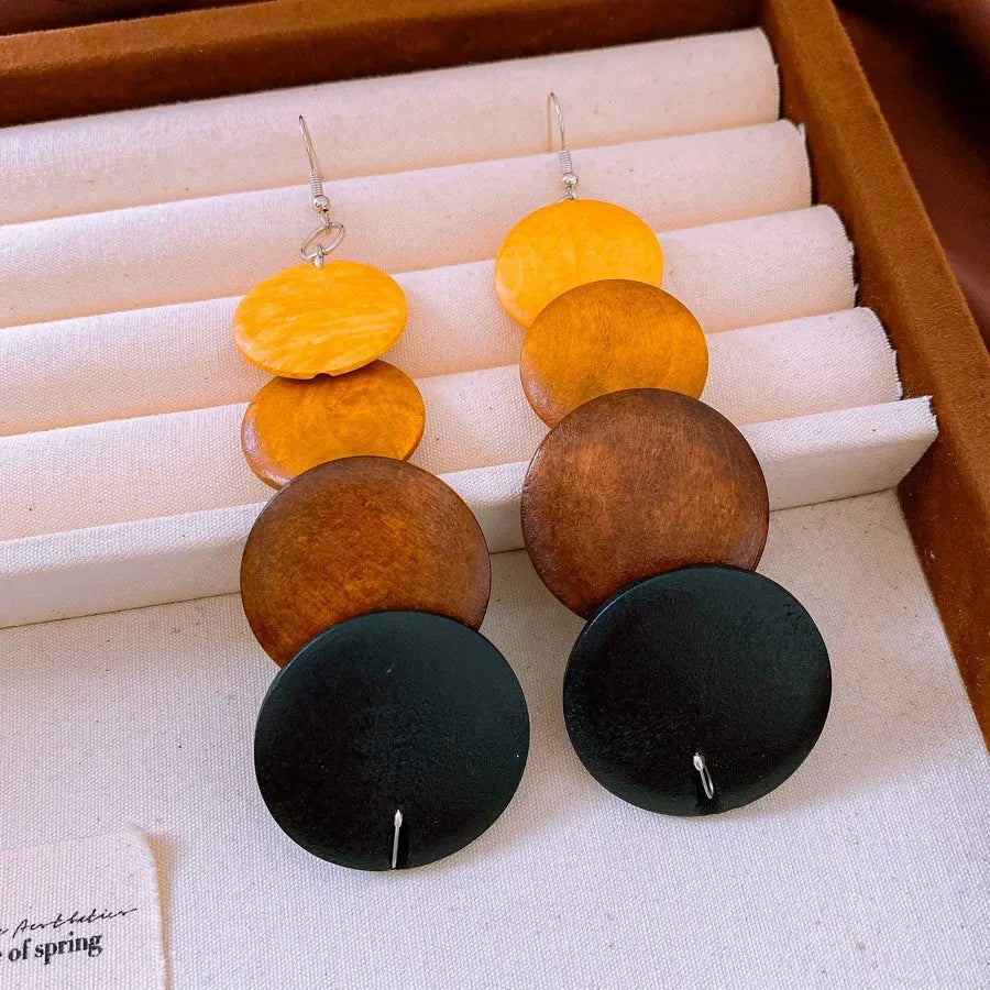 Ethnic style round wooden bead tassel earrings in coffee colour