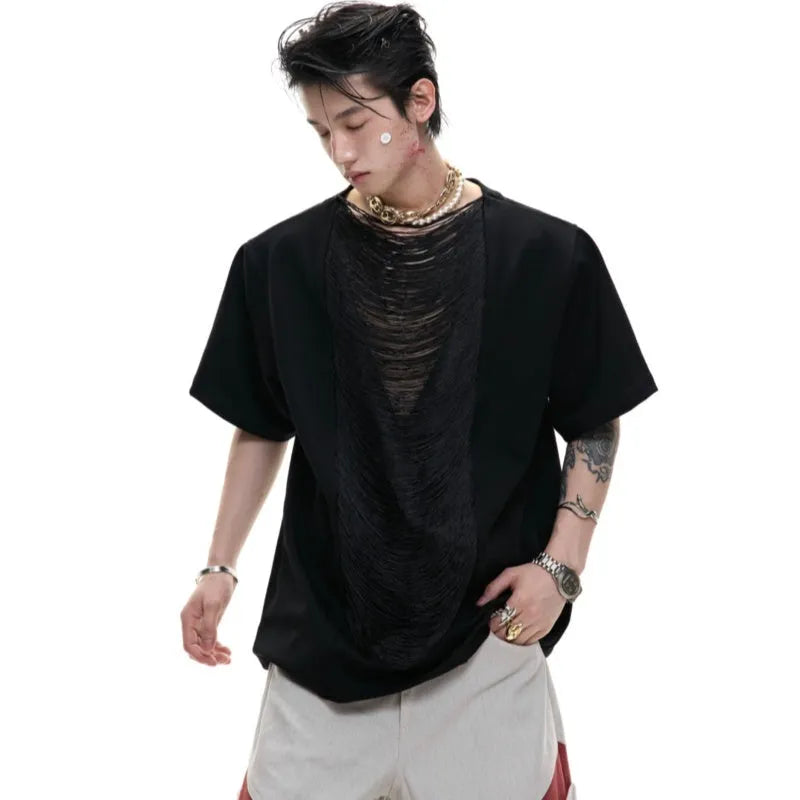 Drum black men's loose T-shirt with a hollow out V-neck and short sleeves.