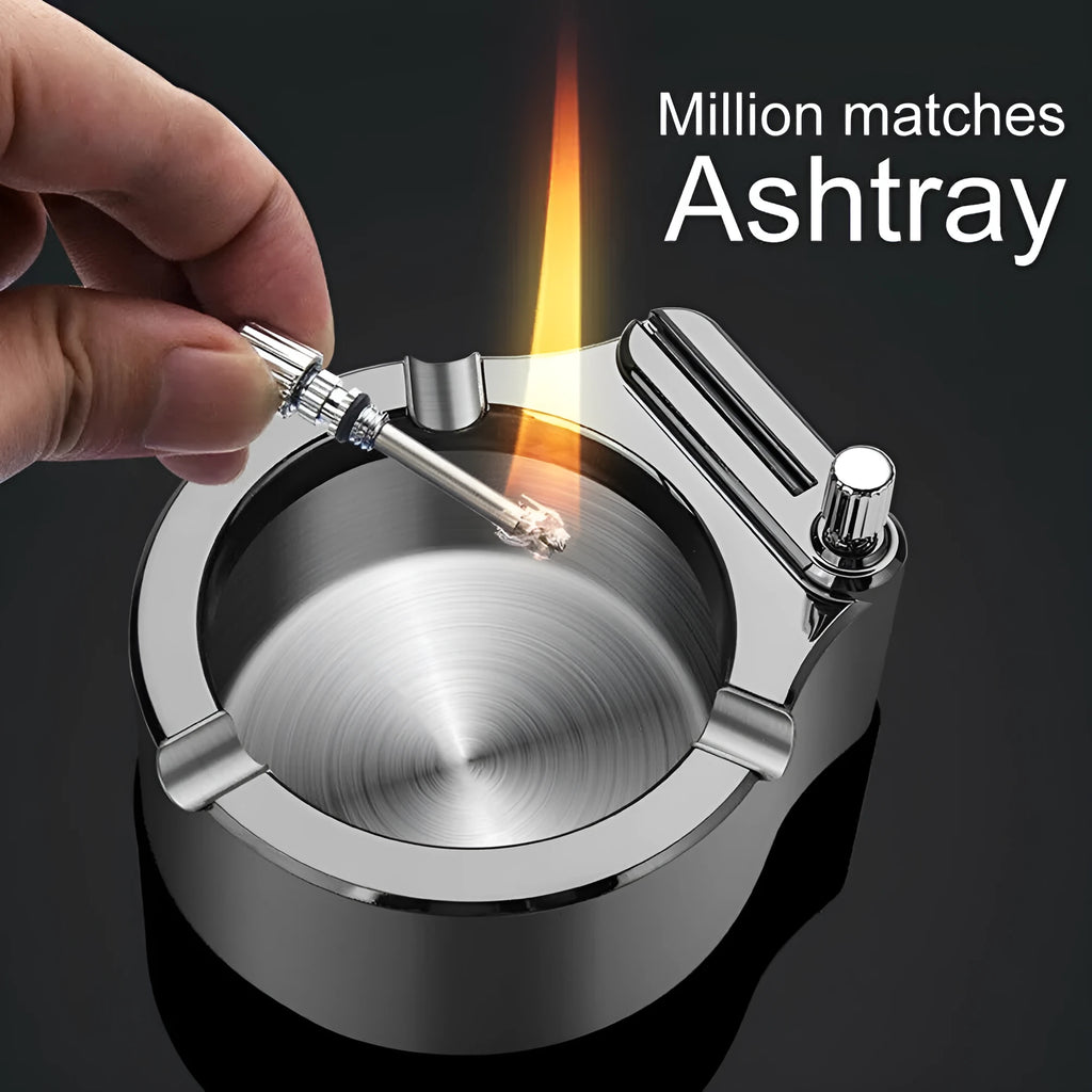 Large blue metal ashtray with integrated permanent match lighter and three cigarette slots.