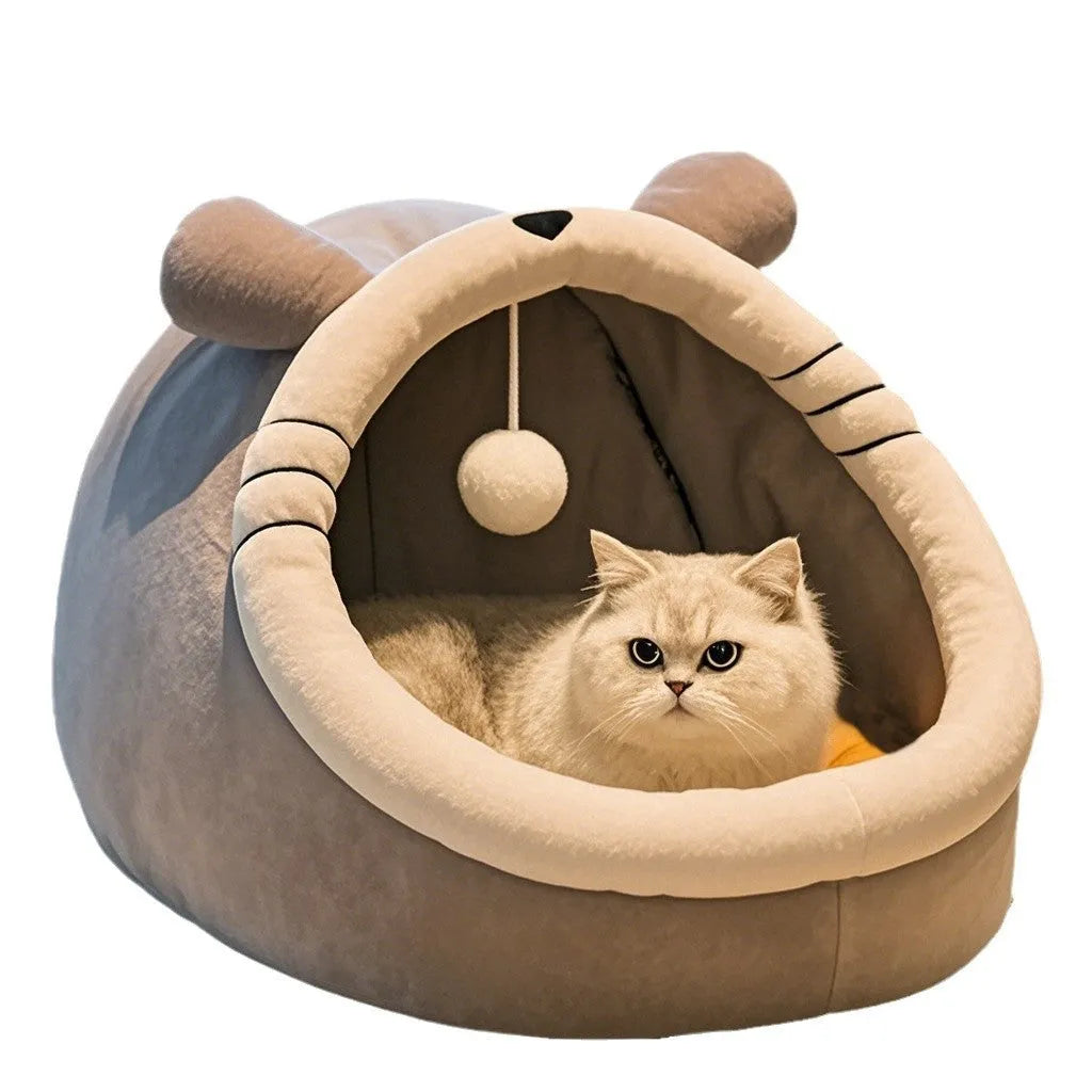 Semi-closed cloth pet bed in light gray Totoro colour with semi-open front and padded base