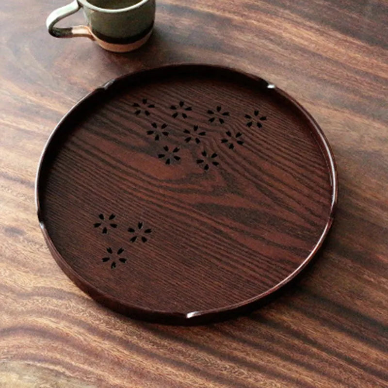 Wooden dessert plate with hollow cherry blossom design, 30 cm diameter, shallow profile