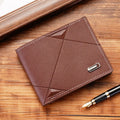 Men's thin three-fold PU leather wallet in black showing multiple card slots.