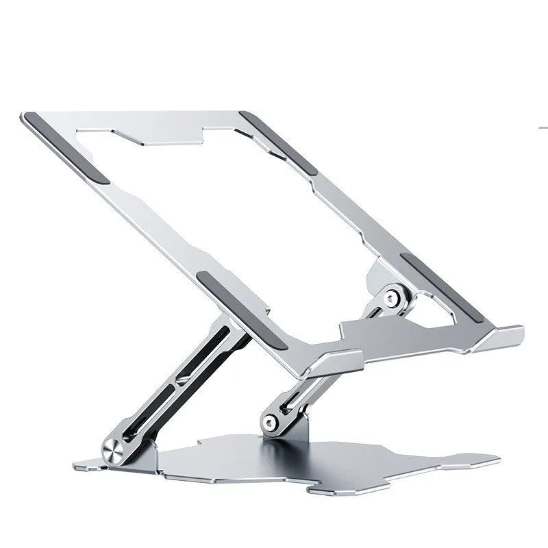 Aluminum laptop stand in folded position showing adjustable mechanism and silicone protection pads