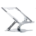 Aluminum laptop stand in folded position showing adjustable mechanism and silicone protection pads