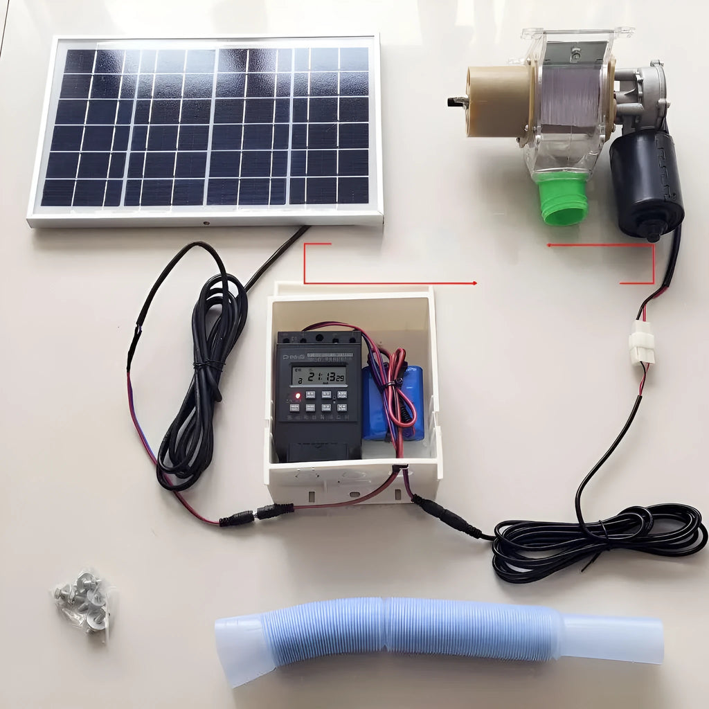 Solar-powered automatic chicken feeding device with timer and watertight outdoor construction