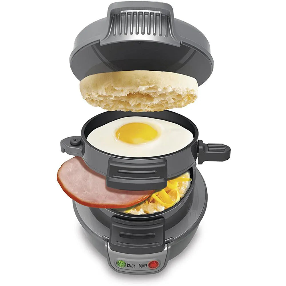 Bright red household breakfast machine with sandwich maker, egg cooker ring, and waffle functions
