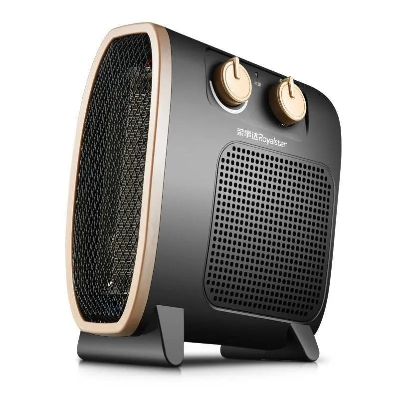 White and black gold electric fan heater with mechanical control dials on the front.