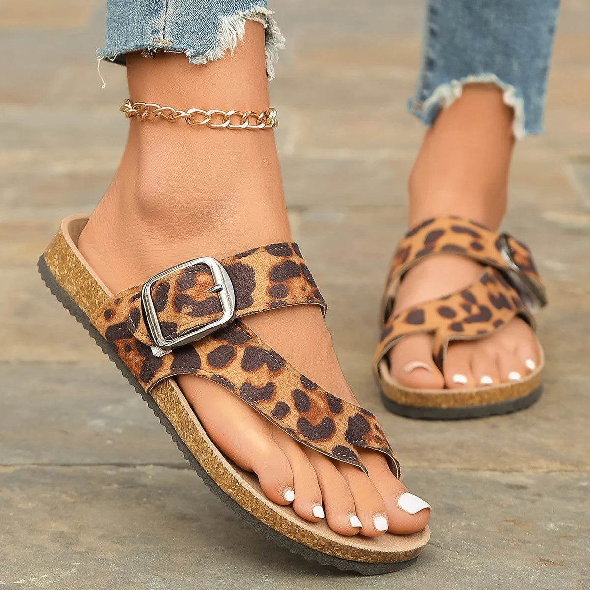 Roman style leopard print slippers with round toe covering and wooden sole