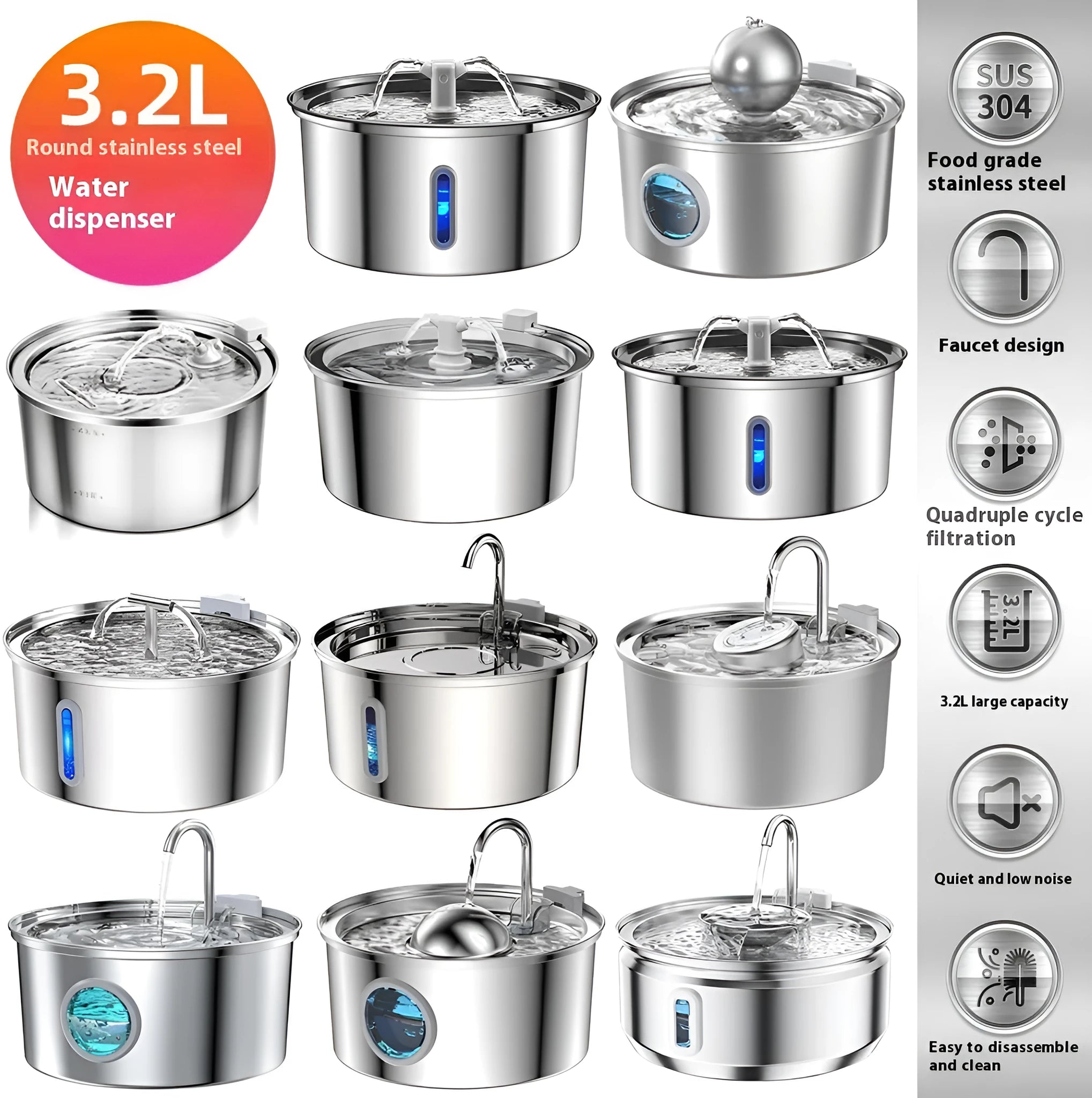 Stainless steel pet water dispenser with large 4-litre tank and selectable water outlet design