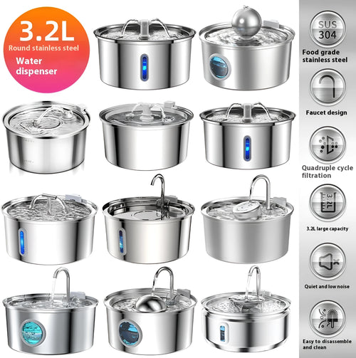 Stainless steel pet water dispenser with large 4-litre tank and selectable water outlet design