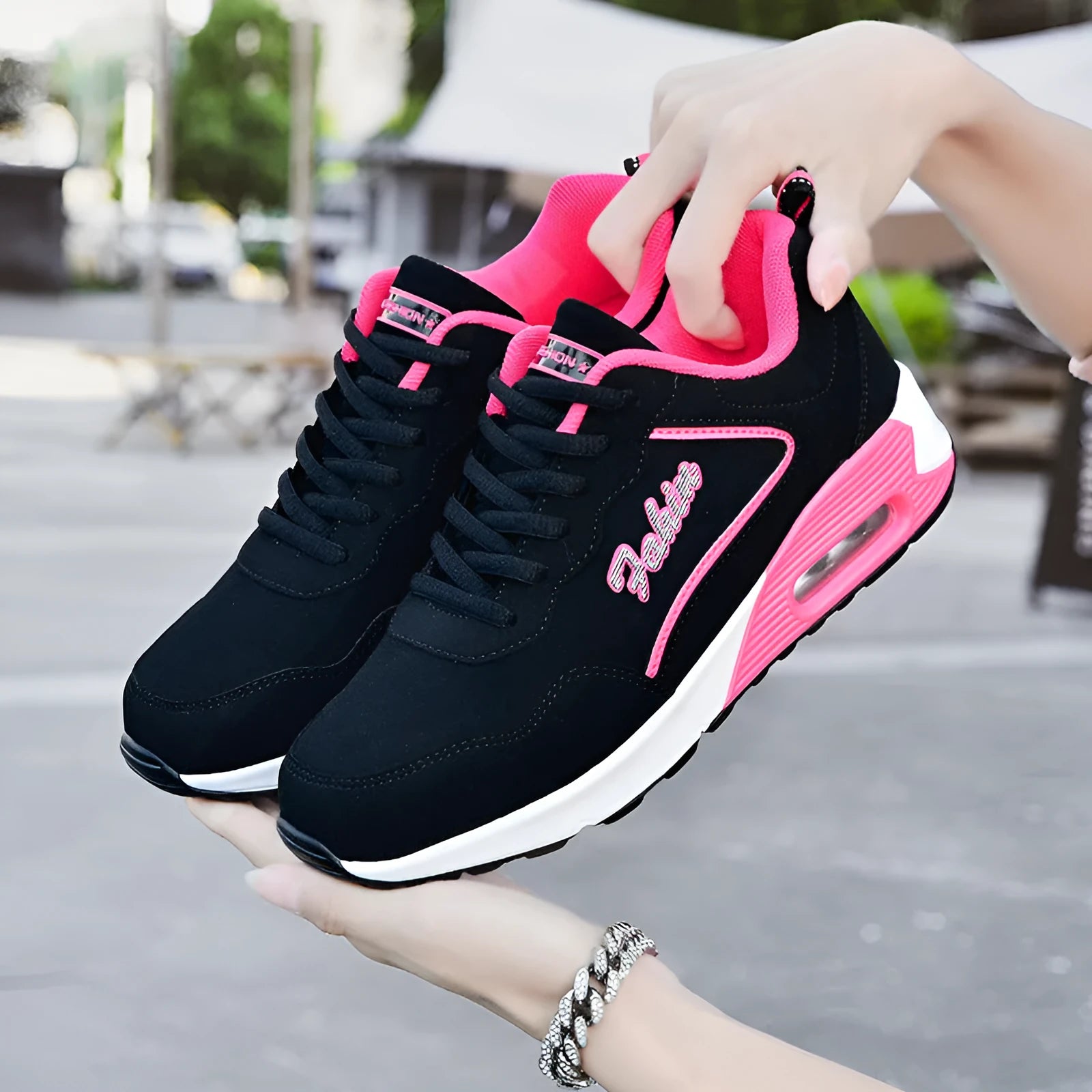 Spring leather plus size air cushion sports shoes for women, casual walking, low-top lace-up, black and white colour