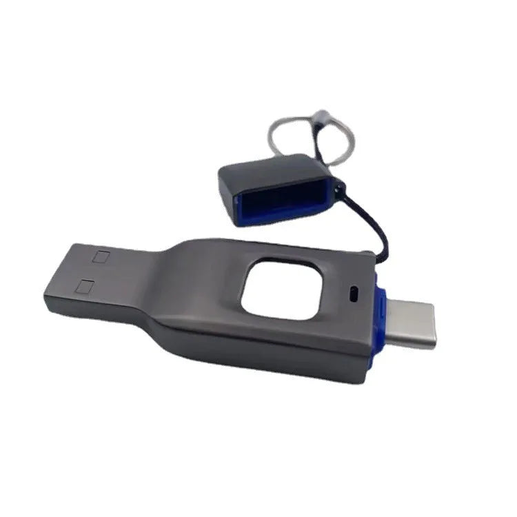 Black fingerprint encrypted USB flash drive showing USB 3.0 and Type-C connectors