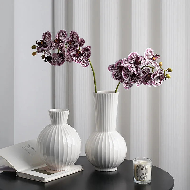 White ceramic ball striped vase in American country style with optional artificial orchid arrangements