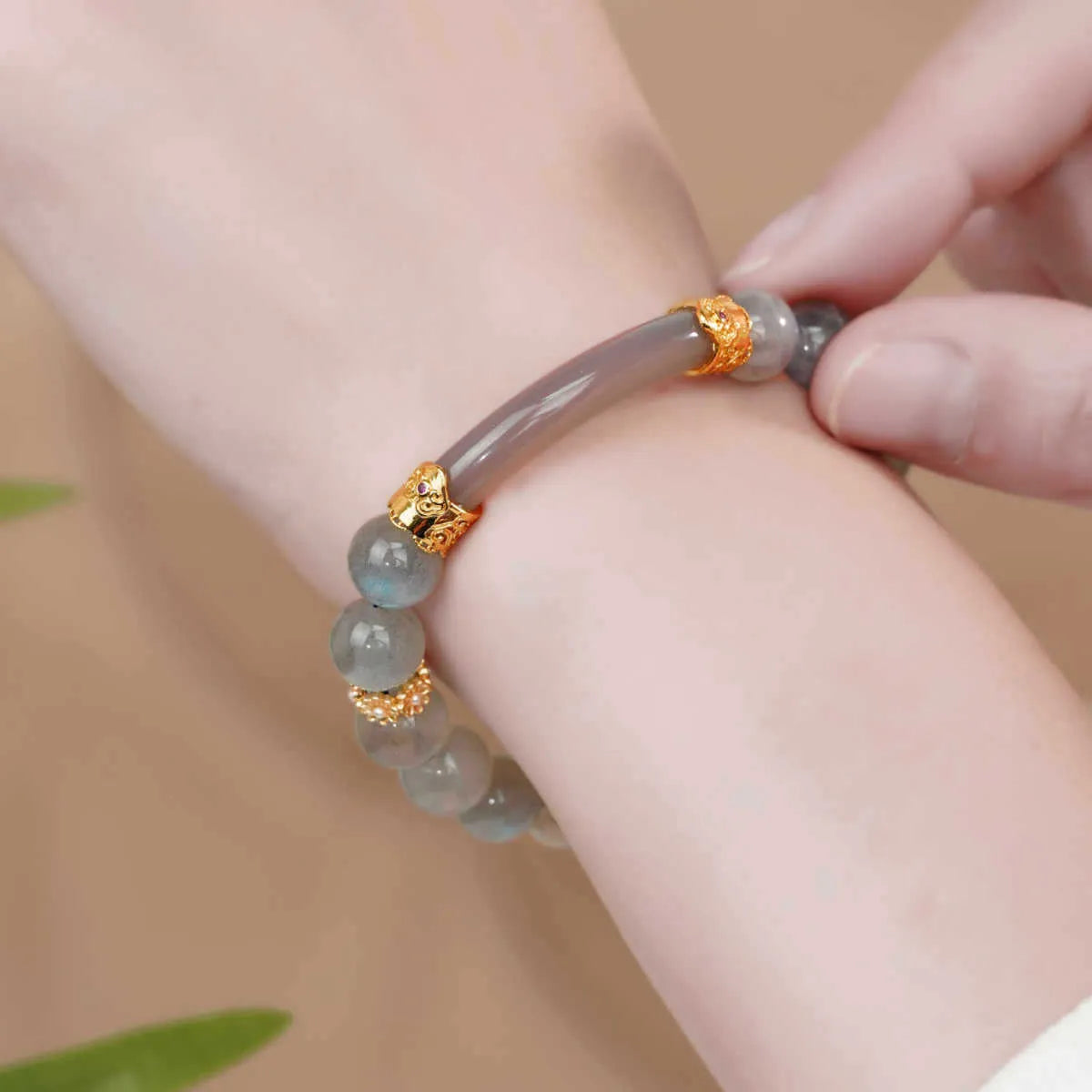 Grey moonstone women's bracelet with 8mm round beads, handmade half cuff design