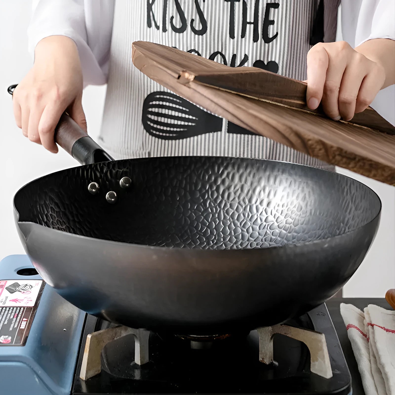 Traditional handmade iron wok with wooden handle and glass lid, 40cm diameter