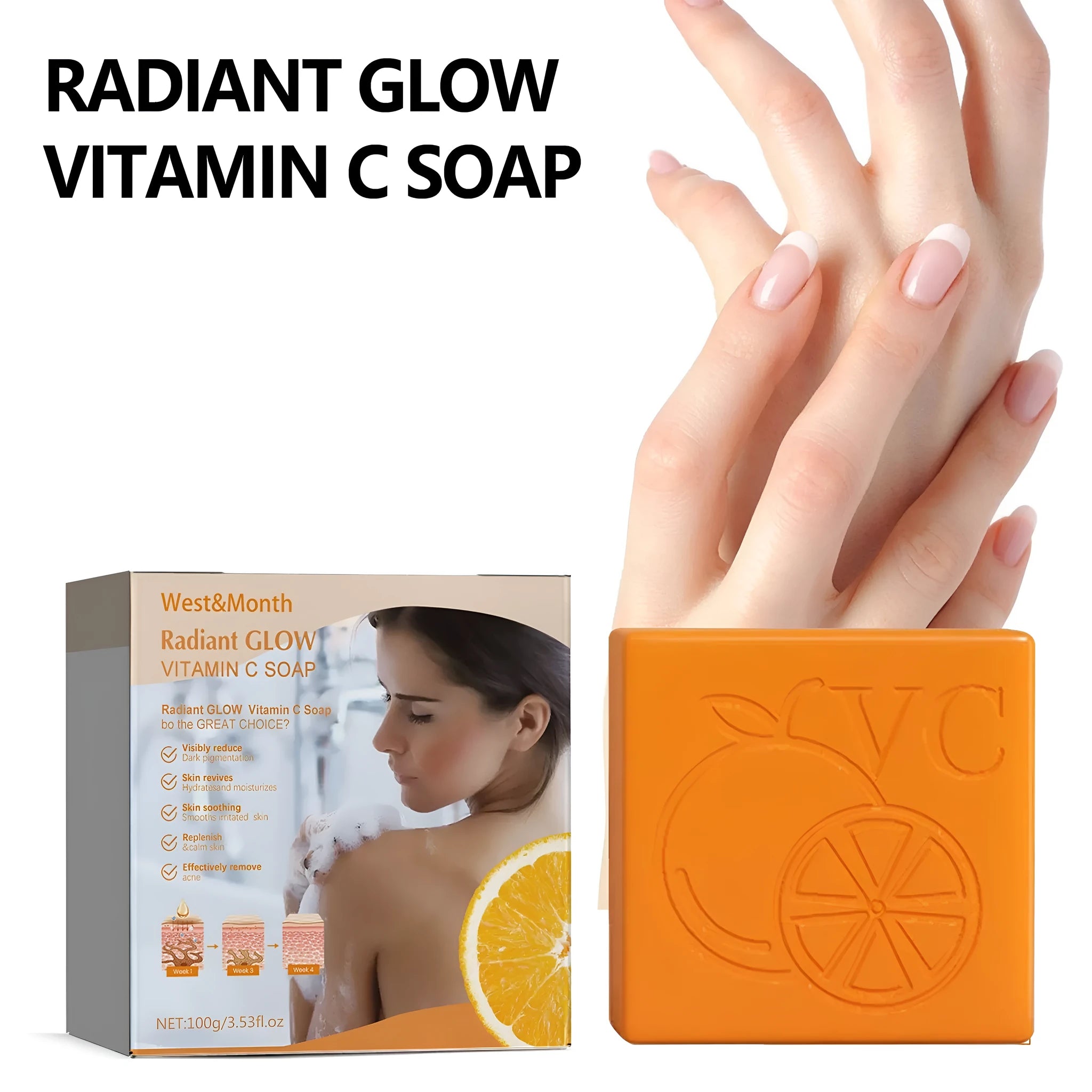 A single 100g whitening vitamin soap bar with kojic acid and botanical extracts for body care.