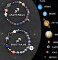 Natural stone beaded bracelet showing an adjustable strap with a zodiac charm, available in twelve astrological sign styles.