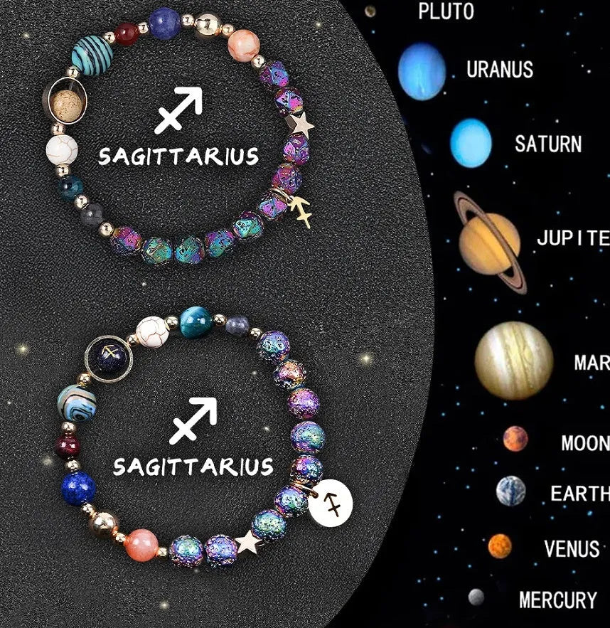 Natural stone beaded bracelet showing an adjustable strap with a zodiac charm, available in twelve astrological sign styles.
