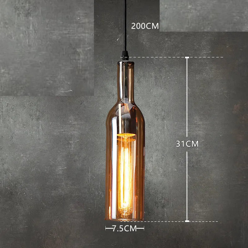 Nordic style wine bottle glass chandelier with five coloured shades in amber, metal ceiling plate, and 200cm drop line