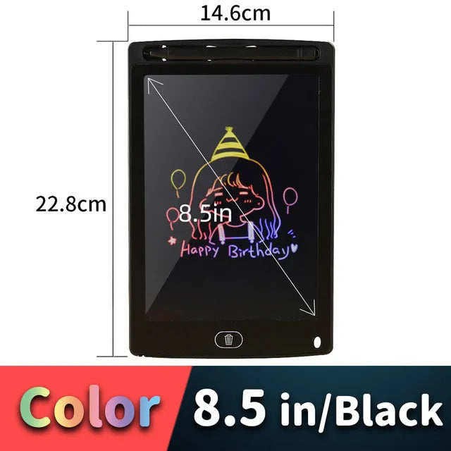 LCD drawing tablet for kids in light blue, showing colourful lines drawn with a plastic stylus.