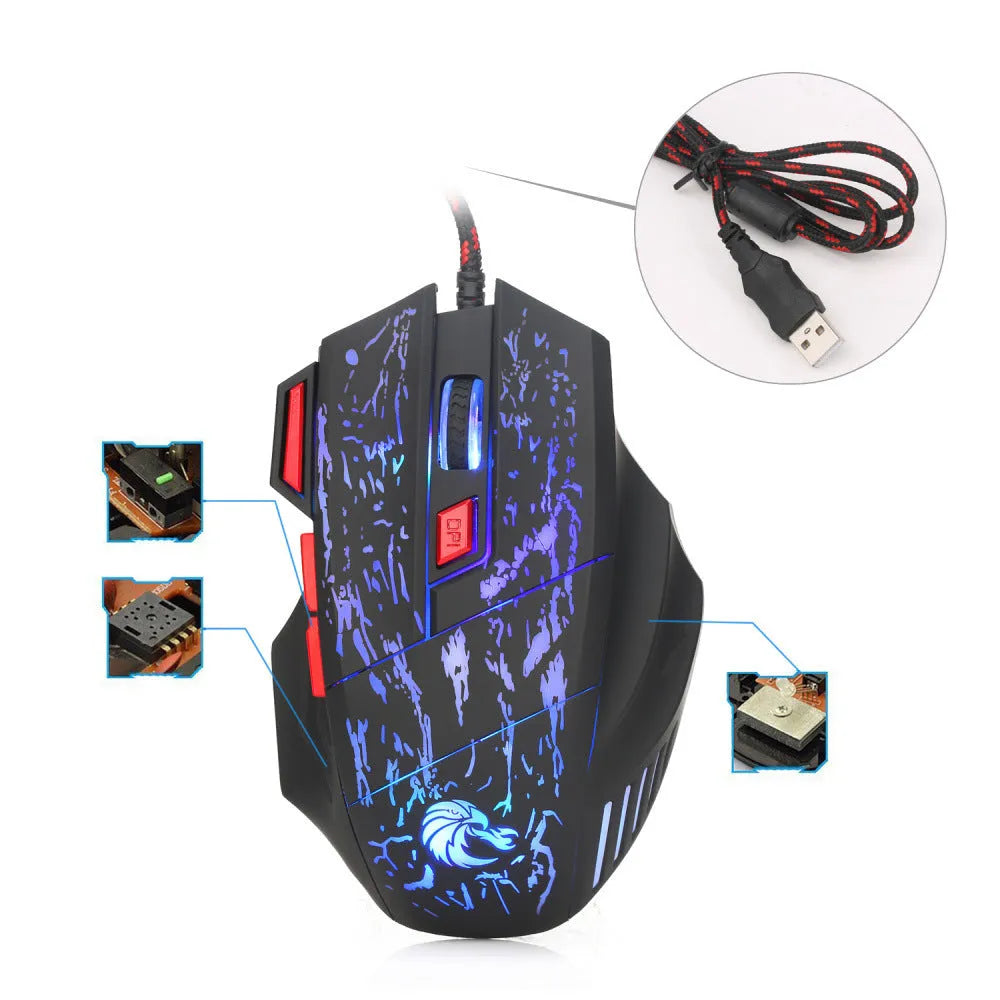 Water crack colourful luminous gaming mouse with USB cable on desktop