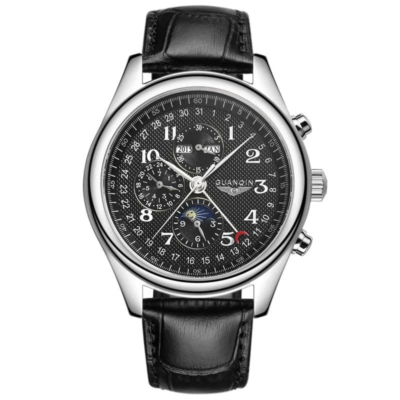 Men's mechanical perpetual calendar watch with moon phase display and luminous hands