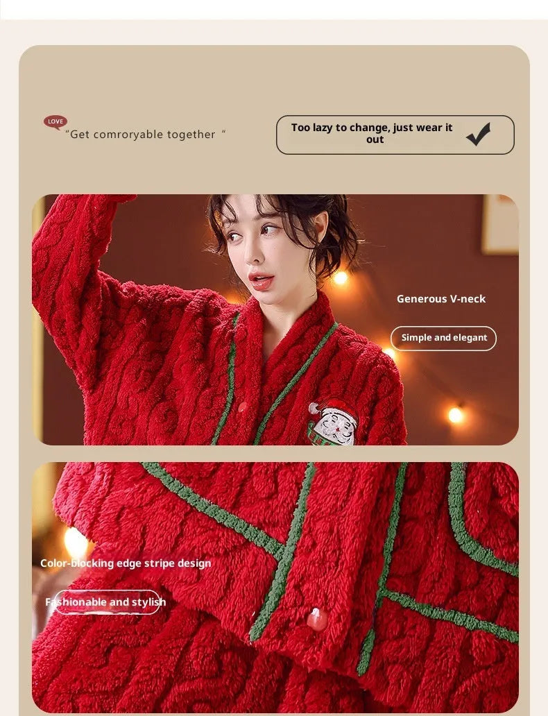 Winter women's flannel homewear leisure set in red Christmas print with top and pants