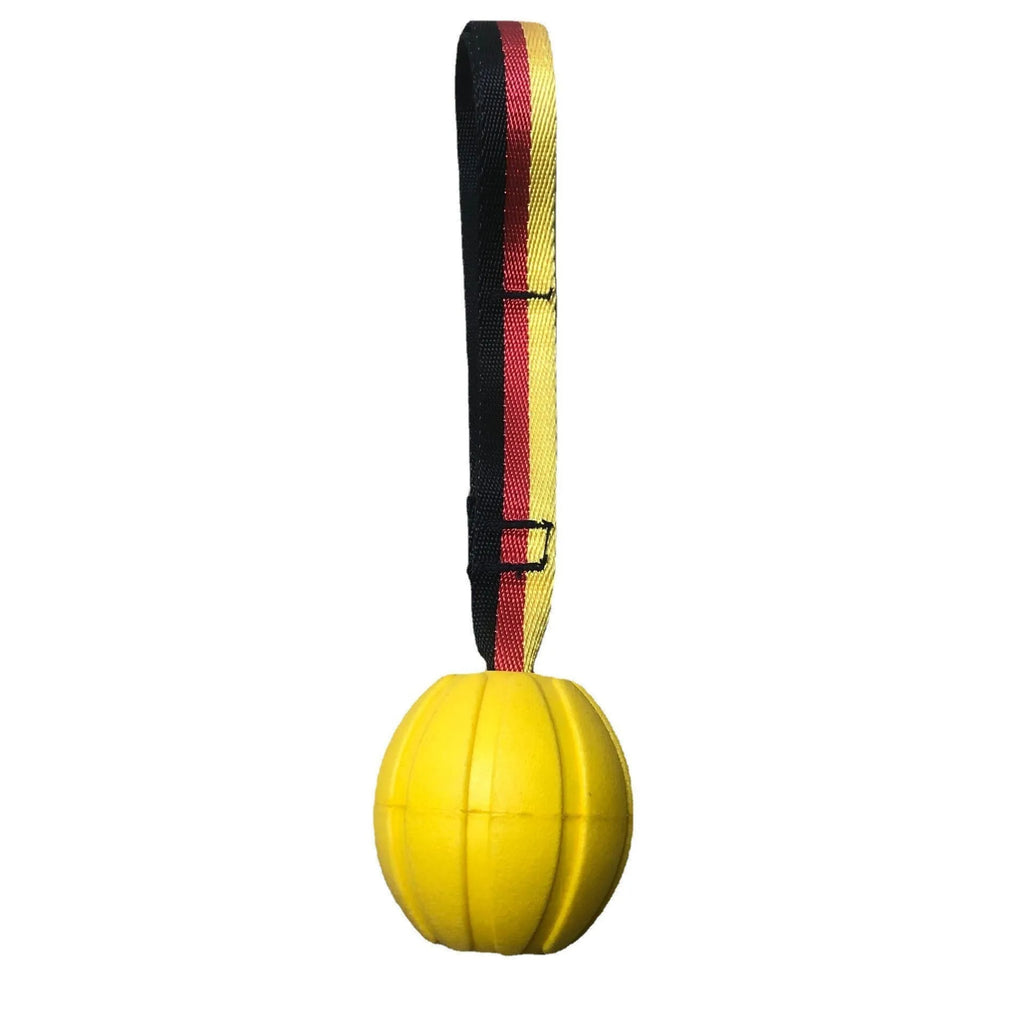 Floating EVA pet training ball in yellow and camouflage colours showing three diameter sizes for water fetch