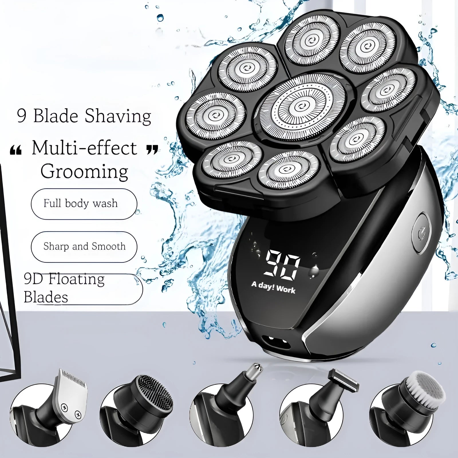Black 6-in-1 rechargeable hair clipper and shaver kit with attachments including lifting combs, laid out on a surface.