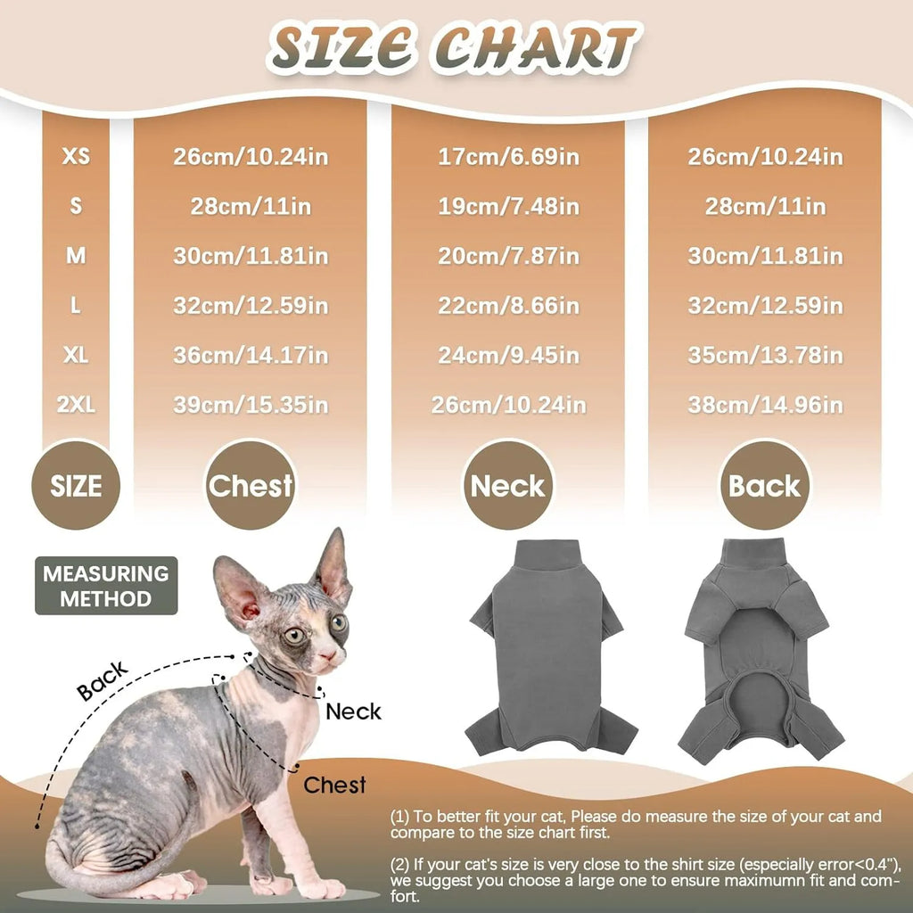 A grey Sphynx cat wearing a soft beige turtleneck sweater with leg openings.