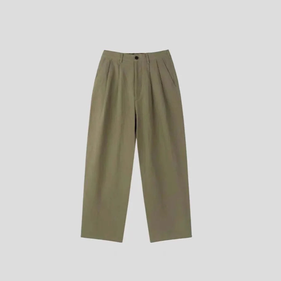 Men's light-weight apricot wide-leg cotton linen trousers with a non-iron finish on a hanger.