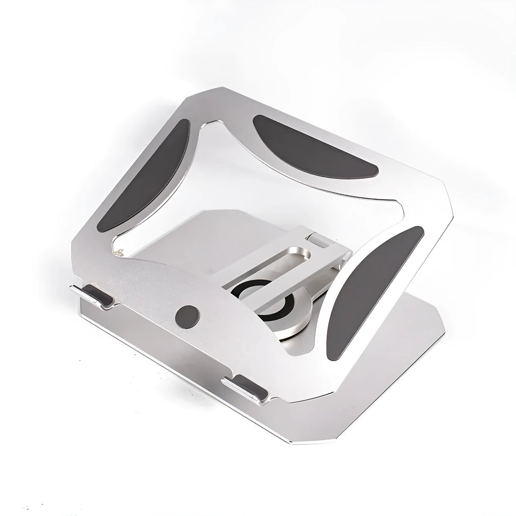 Silver aluminium alloy 360 degree rotating desktop laptop stand folded for storage