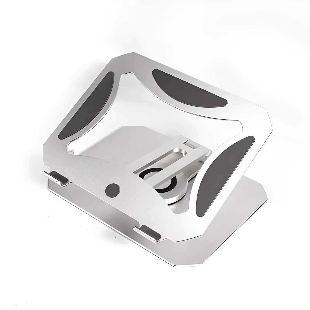 Silver aluminium alloy 360 degree rotating desktop laptop stand folded for storage