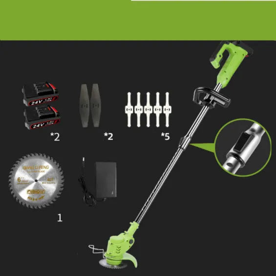 Cordless electric lawn mower with stainless steel telescopic tube and alloy cutter head on grass